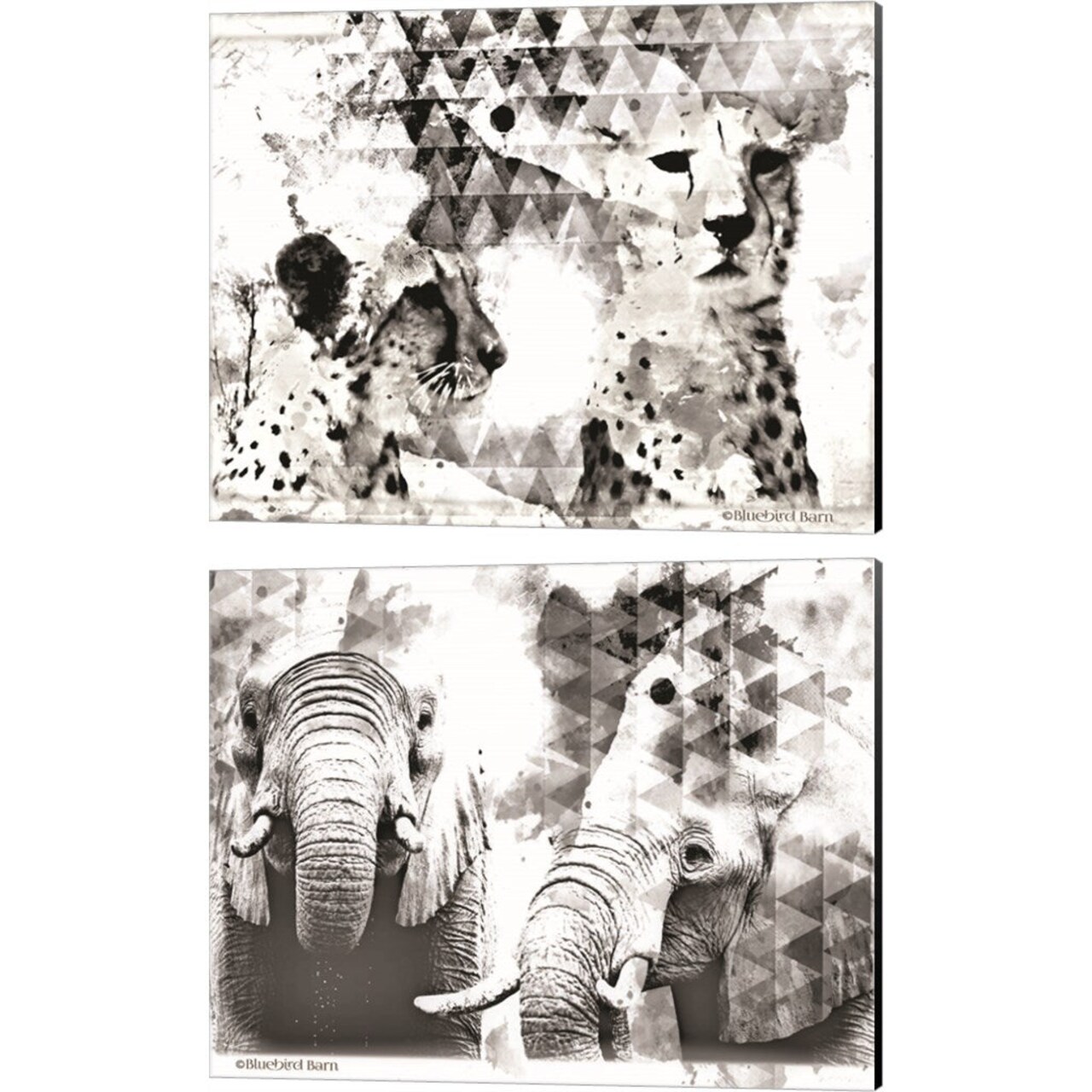 Modern Black & White Cheetahs & Elephants by Bluebird Barn, 2 Piece Canvas Art Set 16x20 Inch